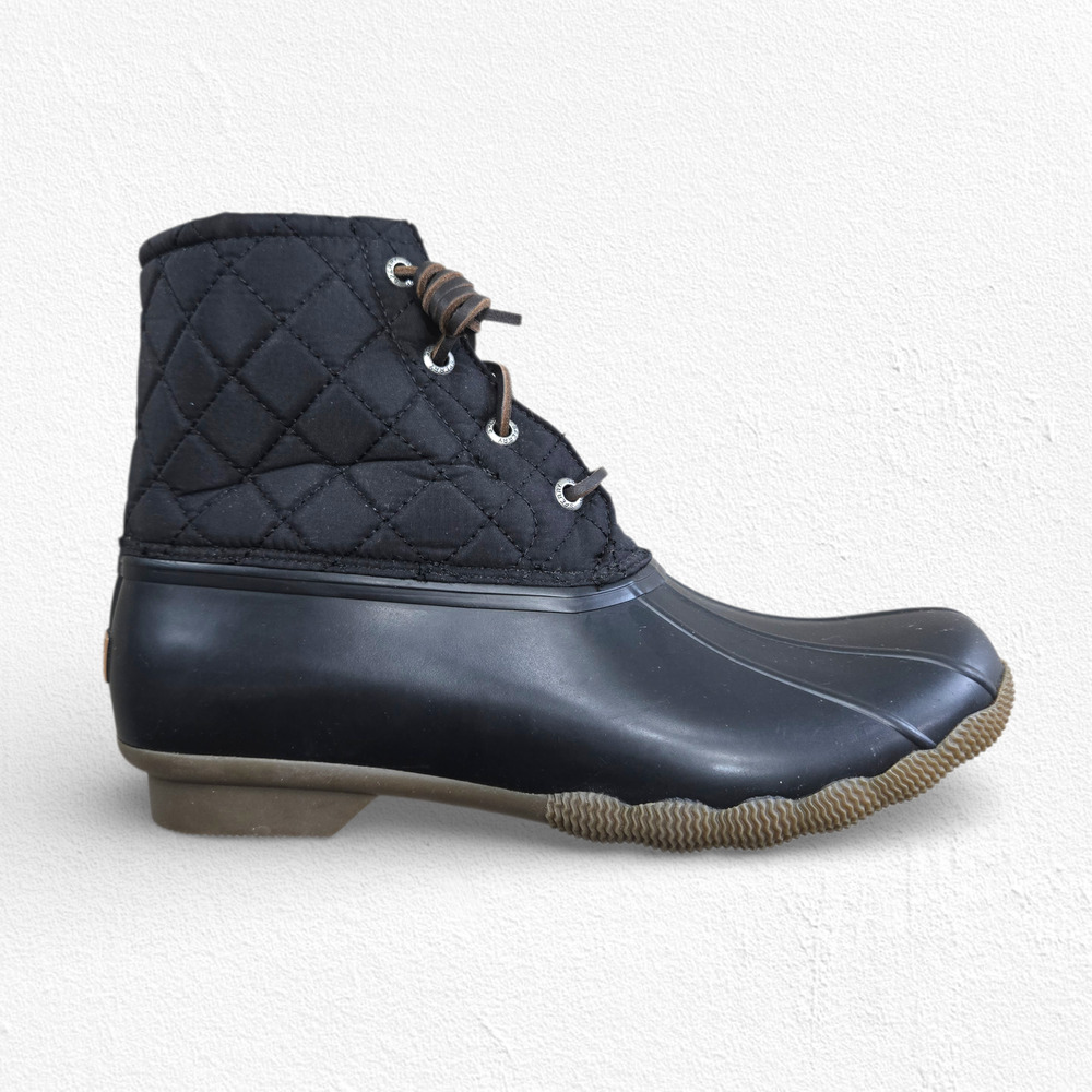 Sperry Saltwater Duck Boot Quilted Black Rain Boot Fishing Lure Lining Size 9.5